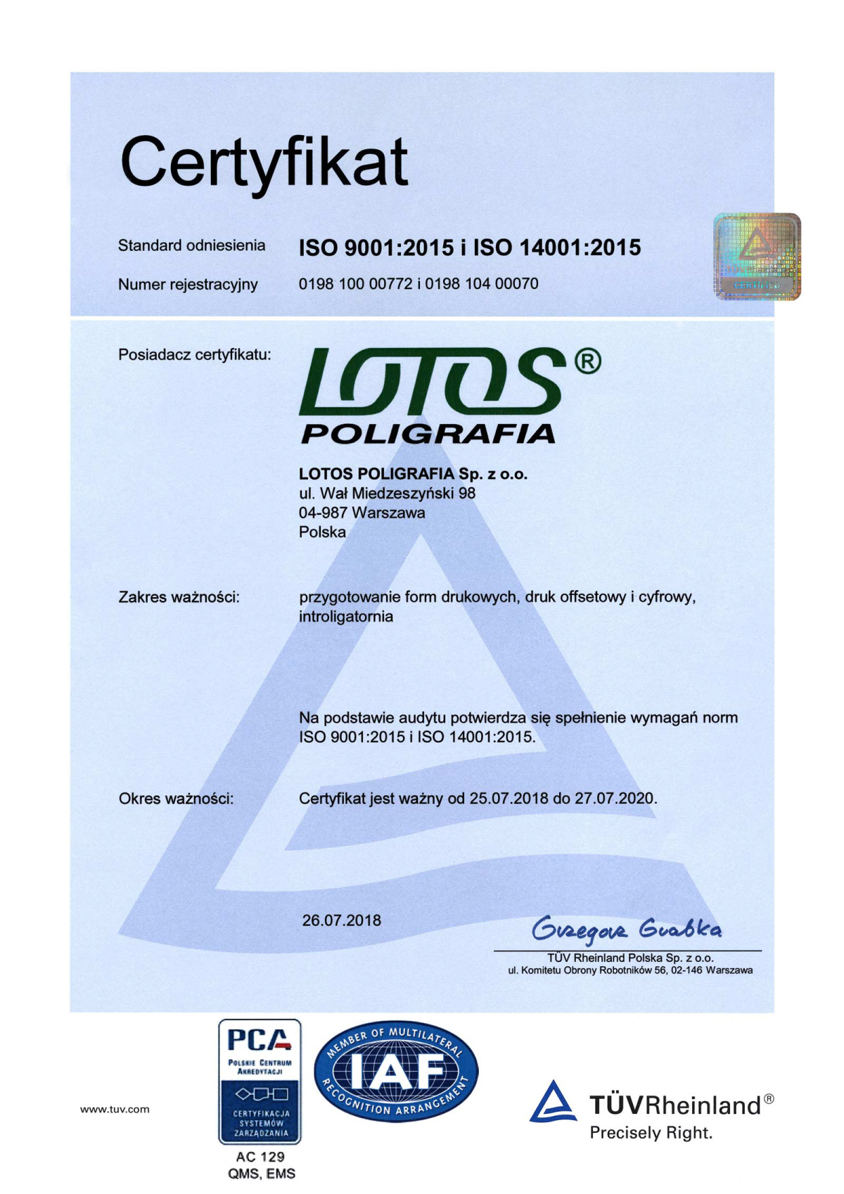 Certyfikat ISO 9001:2015 i ISO 14001:2015